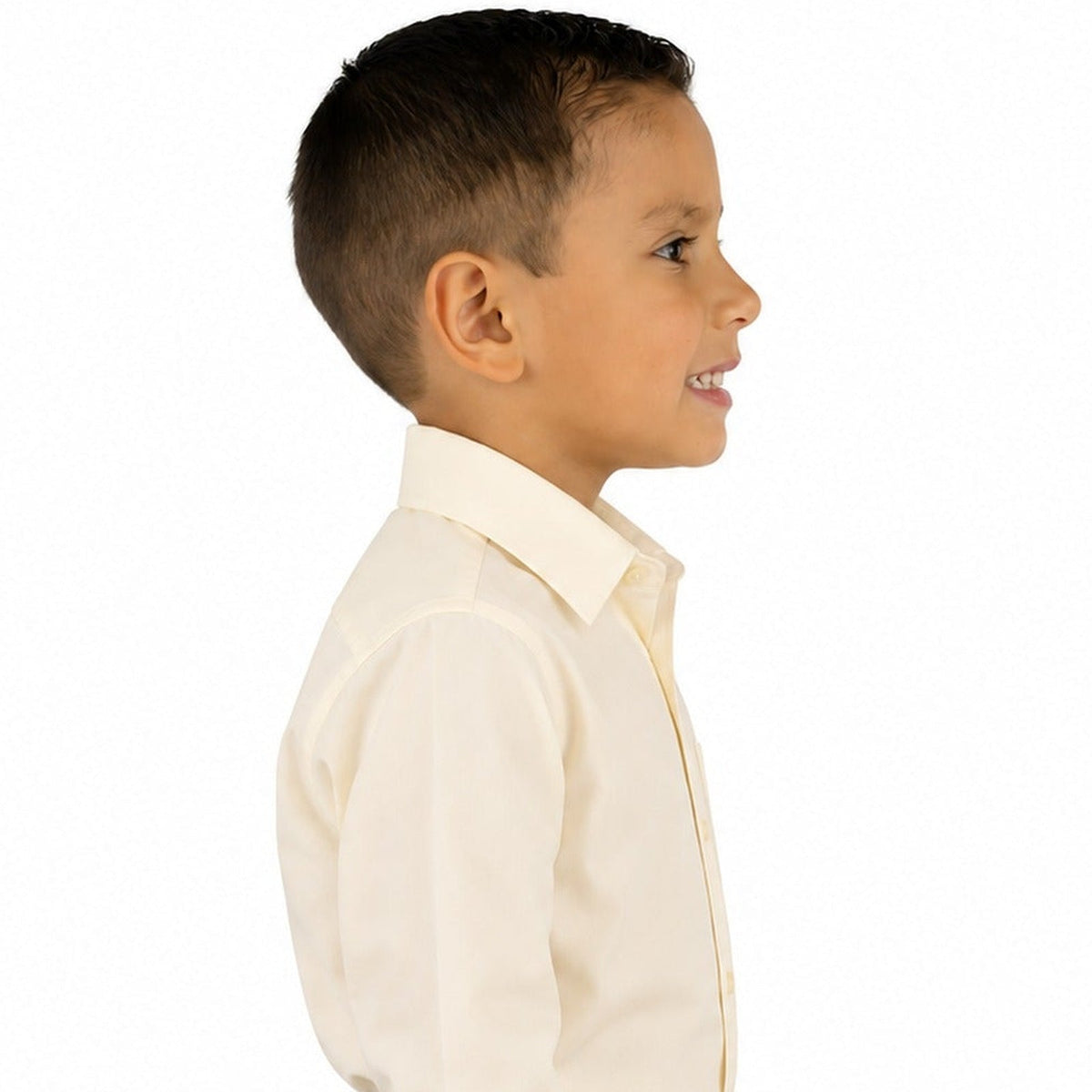 Camisa de vestir infantil beige hueso Rodolfo Valentini, modelo de perfil derecho y fajada, tallas 2 a 16 | color:beige-o-hueso-rodolfo