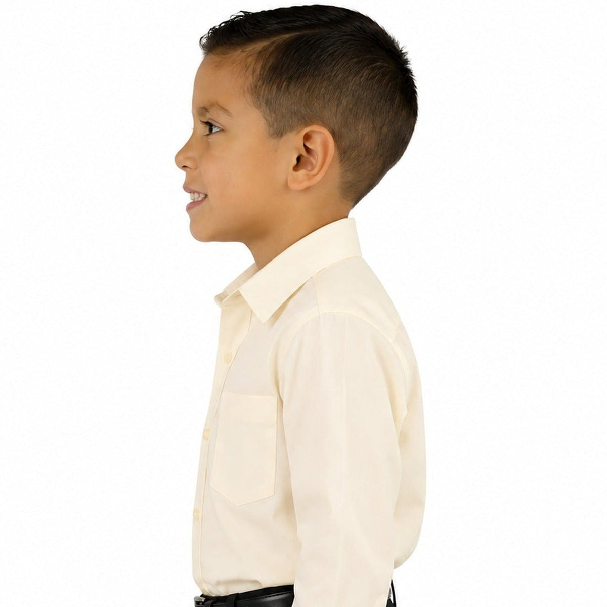 Camisa de vestir infantil beige hueso Rodolfo Valentini, modelo de perfil izquierdo y fajada, tallas 2 a 16 | color:beige-o-hueso-rodolfo