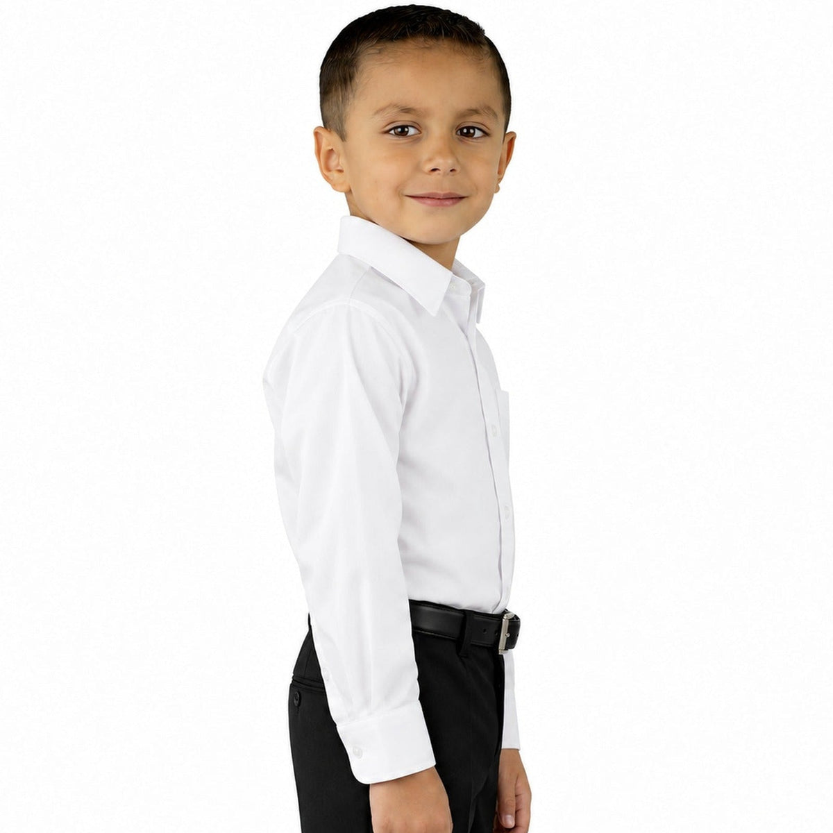 Camisa de vestir infantil blanca Rodolfo Valentini, modelo de perfil derecho y fajada, tallas 2 a 16 | color:blanca-rodolfo
