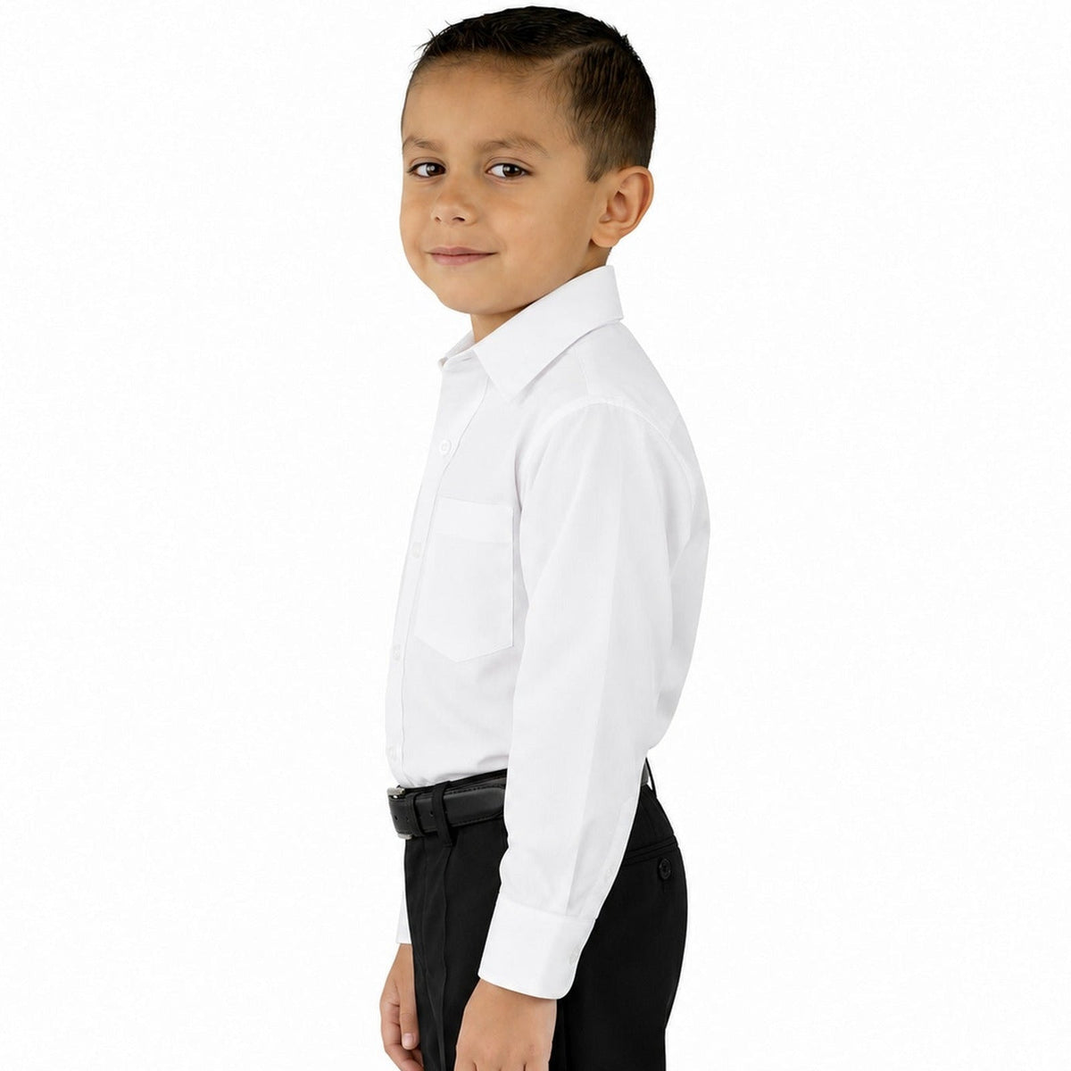 Camisa de vestir infantil blanca Rodolfo Valentini, modelo de perfil izquierdo y fajada, tallas 2 a 16 | color:blanca-rodolfo