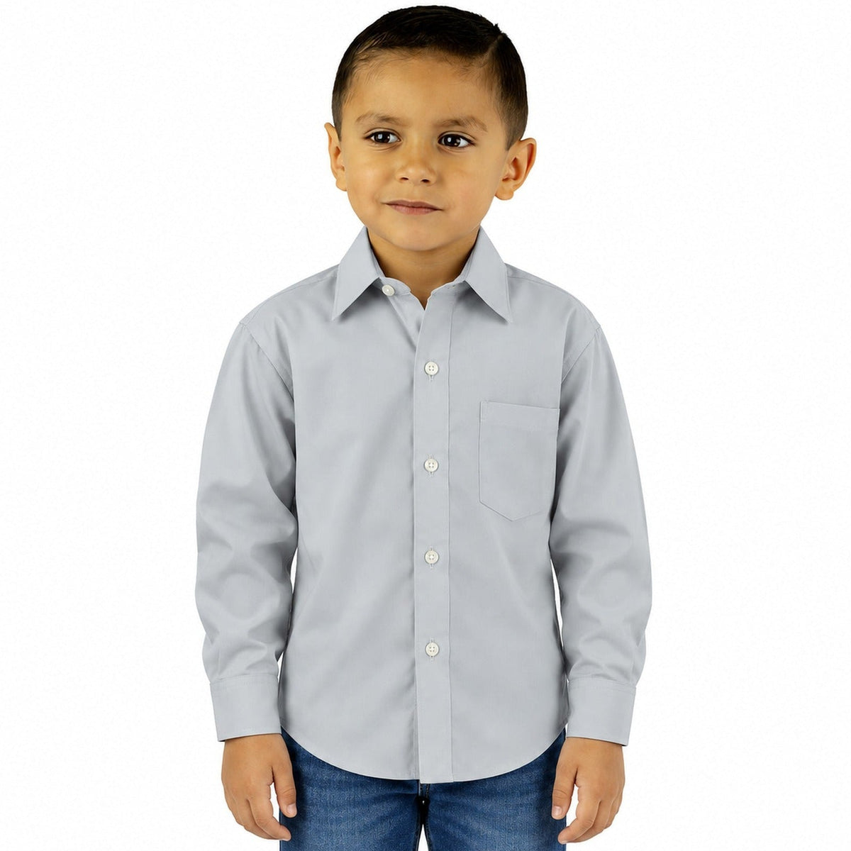 Camisa de vestir infantil gris perla Rodolfo Valentini, modelo de frente, desfajada y con pantalón de mezclilla, tallas 2 a 16 | color:gris-perla-rodolfo