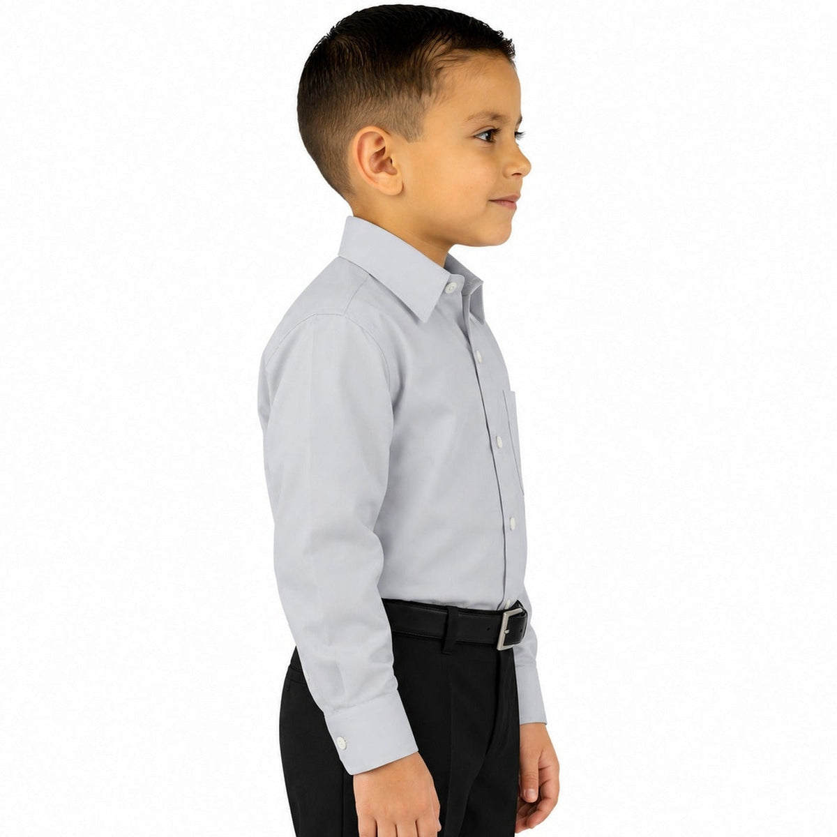 Camisa de vestir infantil gris perla Rodolfo Valentini, modelo de perfil derecho y fajada, tallas 2 a 16 | color:gris-perla-rodolfo