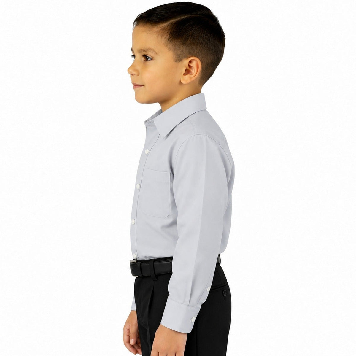 Camisa de vestir infantil gris perla Rodolfo Valentini, modelo de perfil izquierdo y fajada, tallas 2 a 16 | color:gris-perla-rodolfo