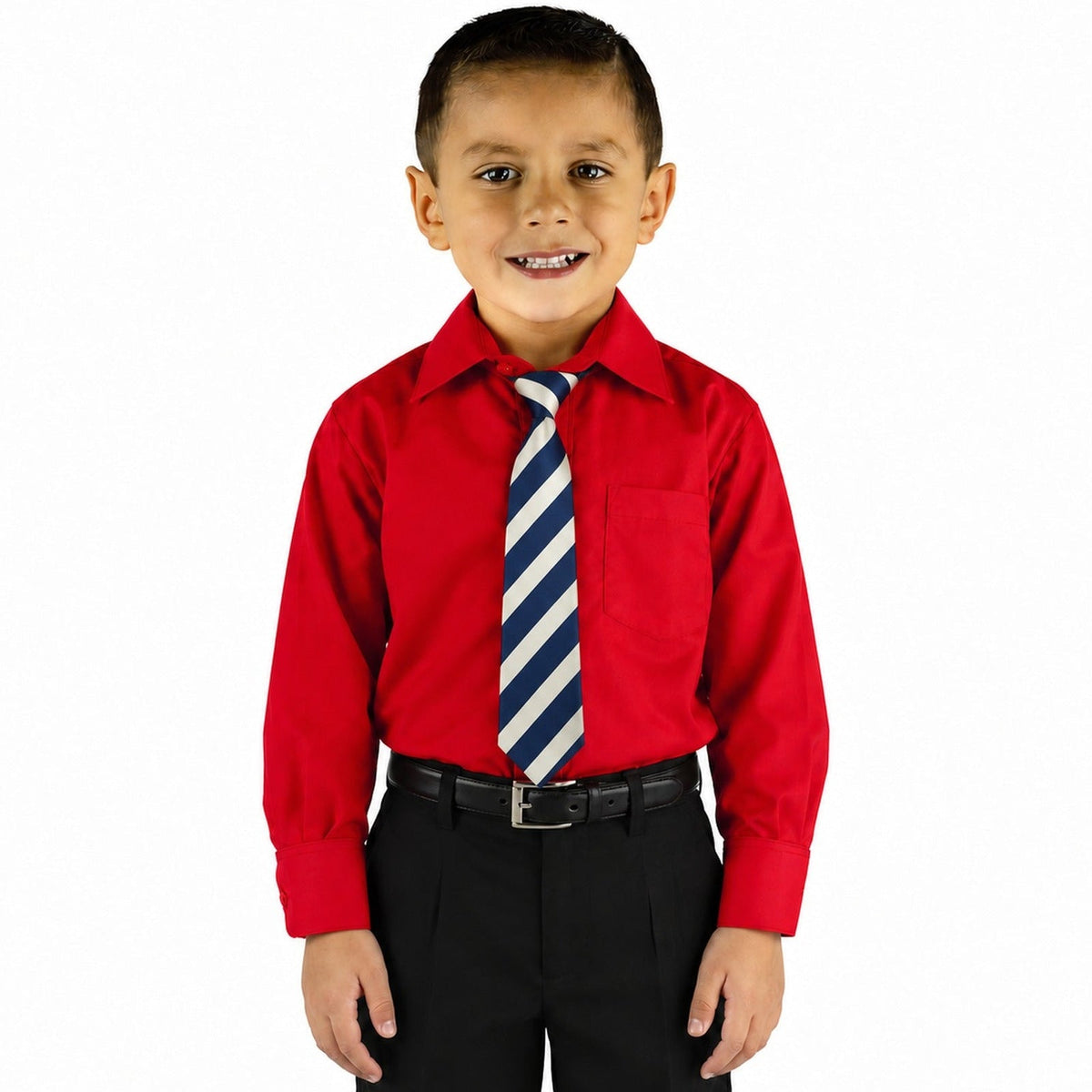 Camisa de vestir infantil roja Rodolfo Valentini, modelo de frente, fajada y con corbata diagonal azul y blanca, tallas 2 a 16 | color:roja-rodolfo