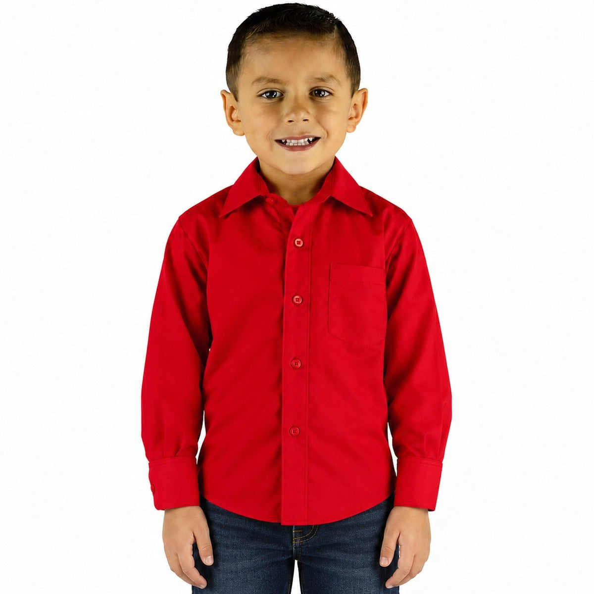 Camisa de vestir infantil roja Rodolfo Valentini, modelo de frente, desfajada y con pantalón de mezclilla, tallas 2 a 16 | color:roja-rodolfo