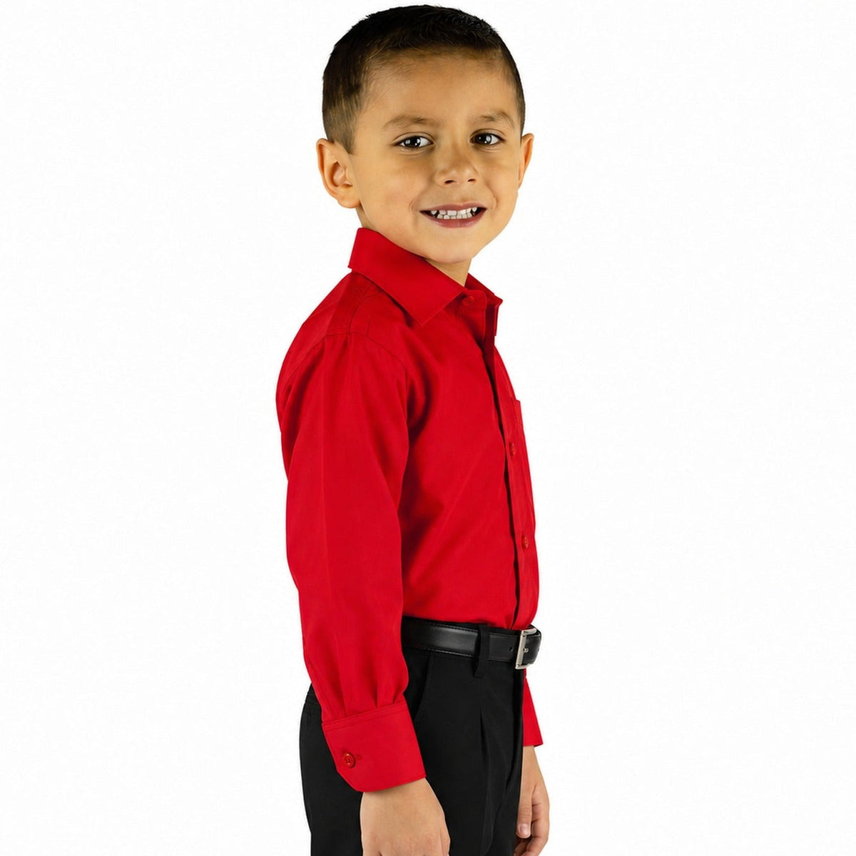 Camisa de vestir infantil roja Rodolfo Valentini, modelo de perfil derecho y fajada, tallas 2 a 16 | color:roja-rodolfo