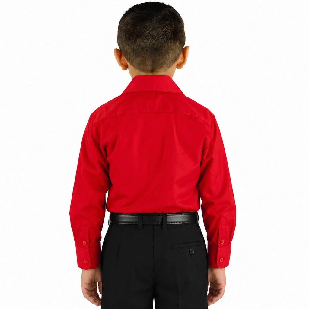 Camisa de vestir infantil roja Rodolfo Valentini, modelo de espalda y fajada, tallas 2 a 16