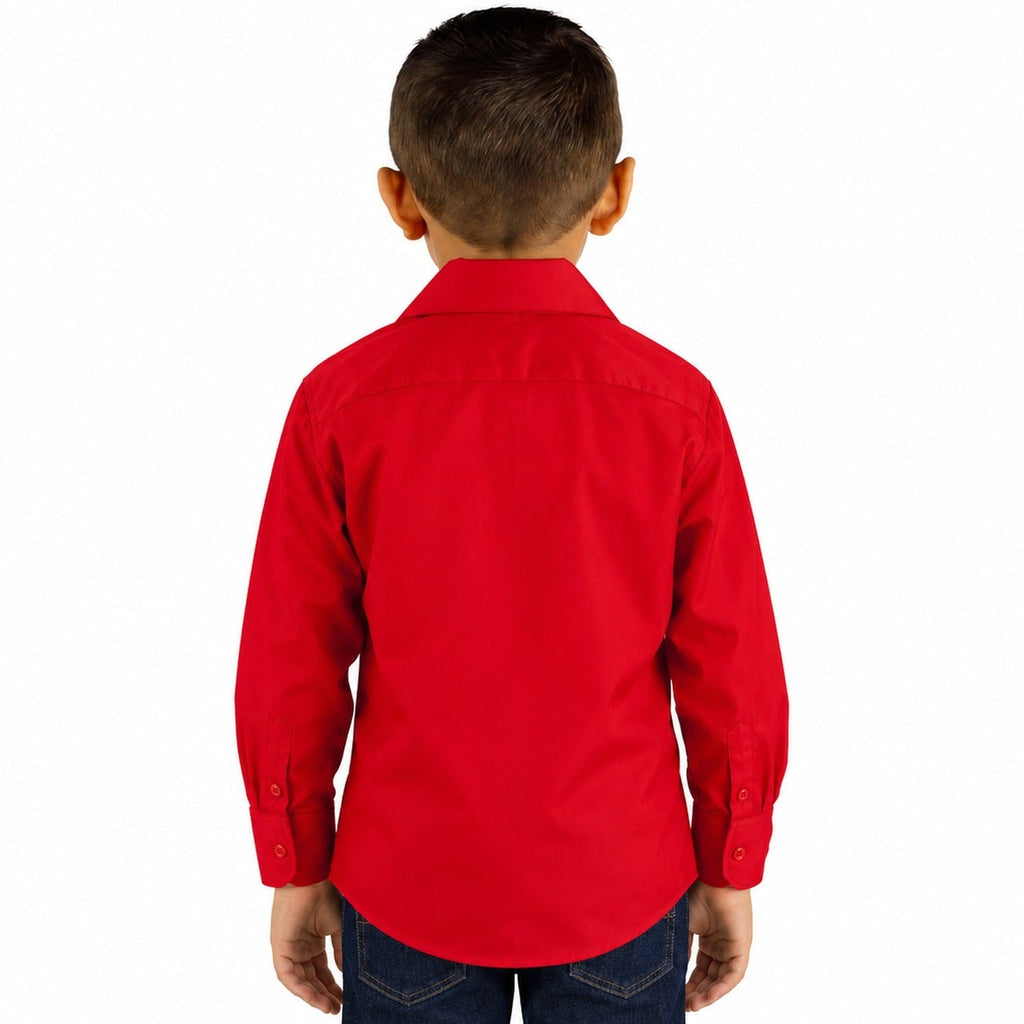 Camisa de vestir infantil roja Rodolfo Valentini, modelo de espalda, desfajada y con mezclilla, tallas 2 a 16