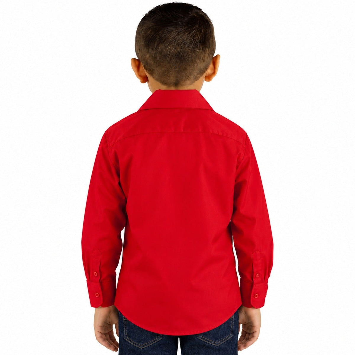 Camisa de vestir infantil roja Rodolfo Valentini, modelo de espalda, desfajada y con mezclilla, tallas 2 a 16 | color:roja-rodolfo