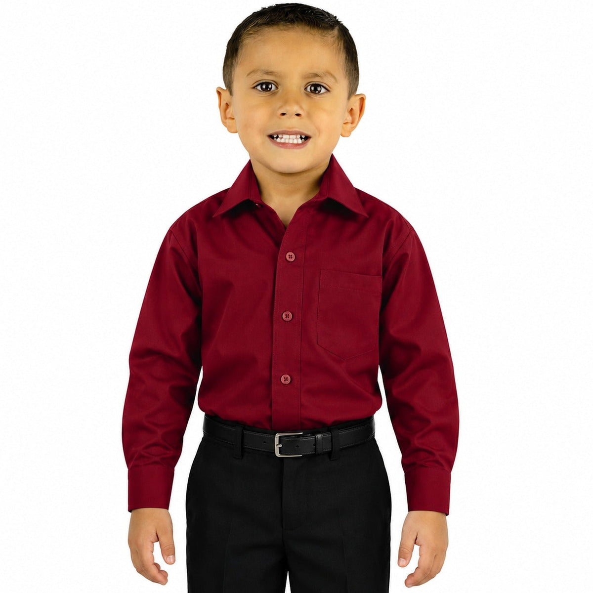 Camisa de vestir infantil vino Rodolfo Valentini, modelo de frente, fajada y sin corbata, tallas 2 a 16 | color:vino-rodolfo