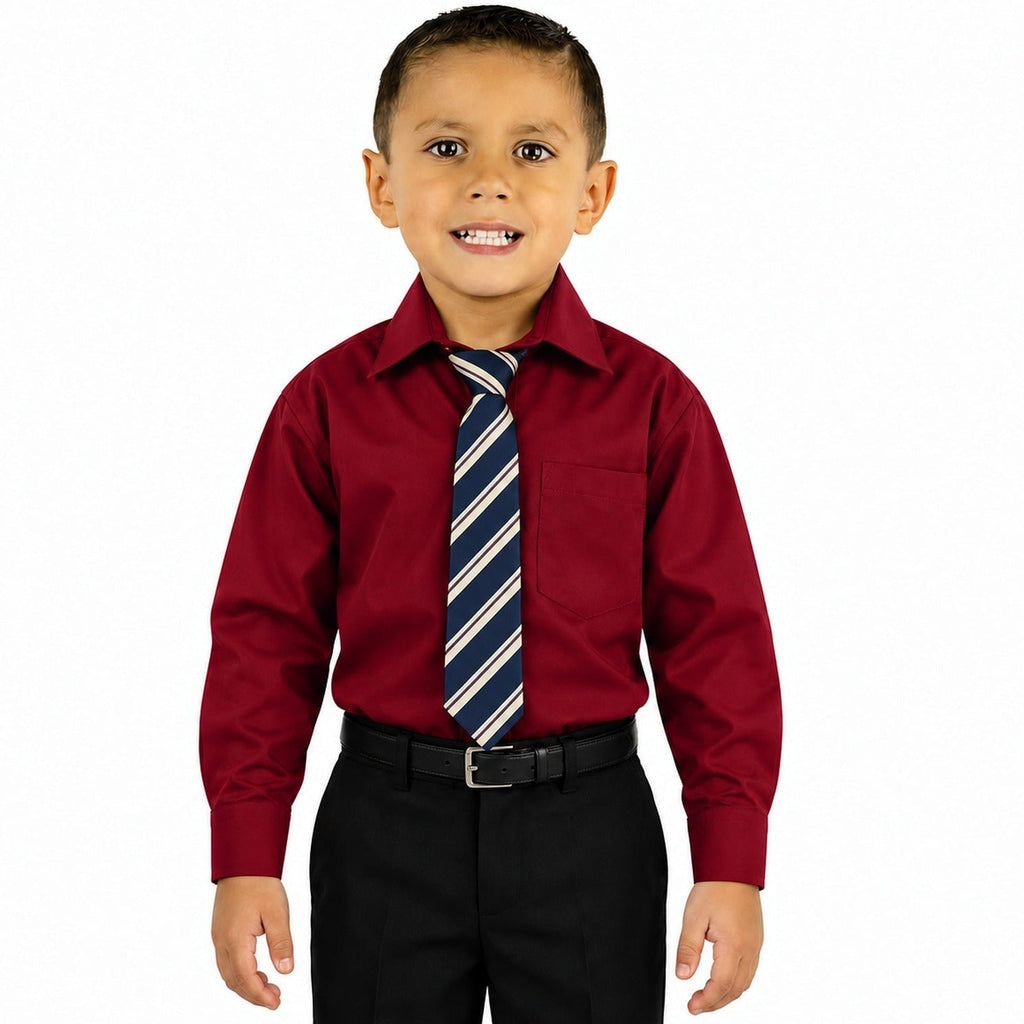 Camisa de vestir infantil vino Rodolfo Valentini, modelo de frente, fajada y con corbata diagonal en contraste, tallas 2 a 16