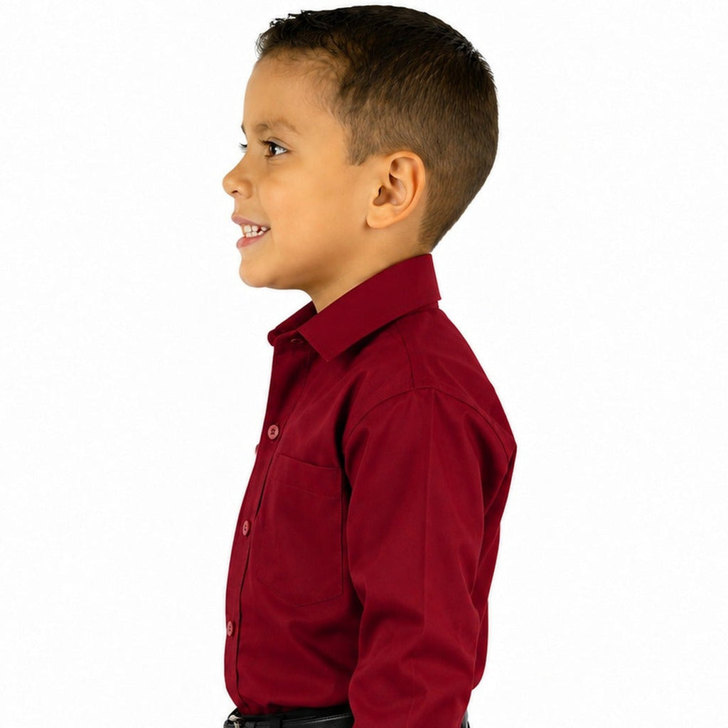 Camisa de vestir infantil vino Rodolfo Valentini, modelo de perfil izquierdo y fajada, tallas 2 a 16