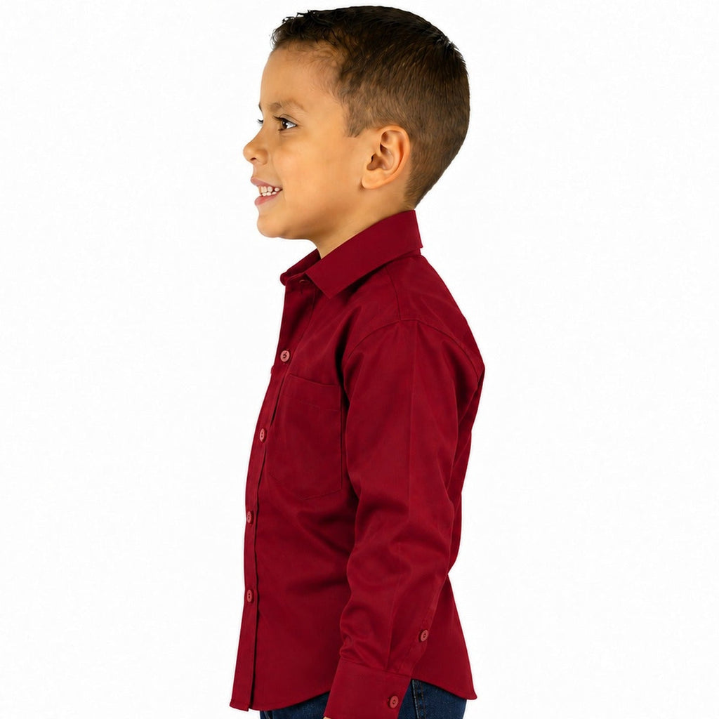 Camisa de vestir infantil vino Rodolfo Valentini, modelo de perfil izquierdo, desfajada y con mezclilla, tallas 2 a 16