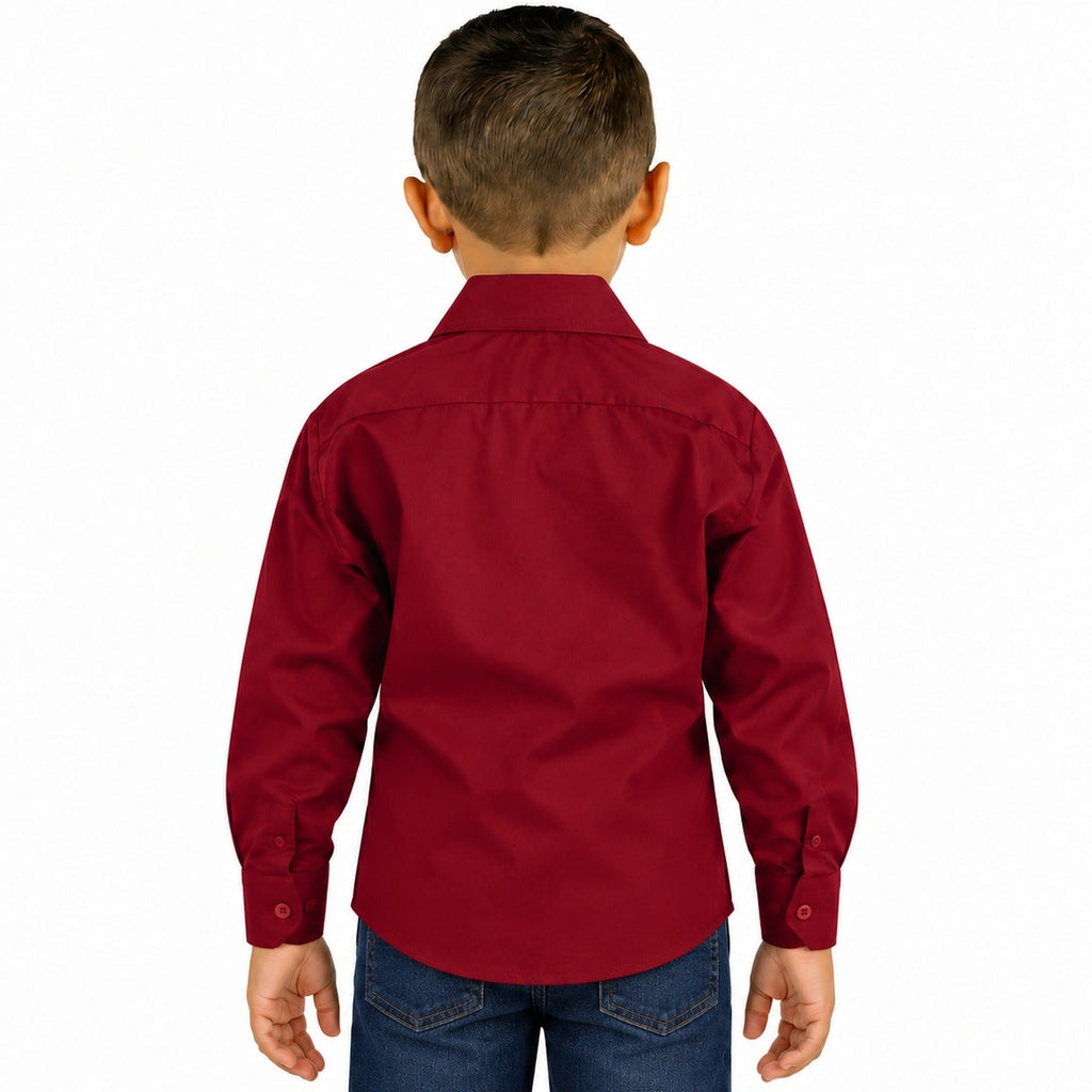 Camisa de vestir infantil vino Rodolfo Valentini, modelo de espalda, desfajada y con mezclilla, tallas 2 a 16
