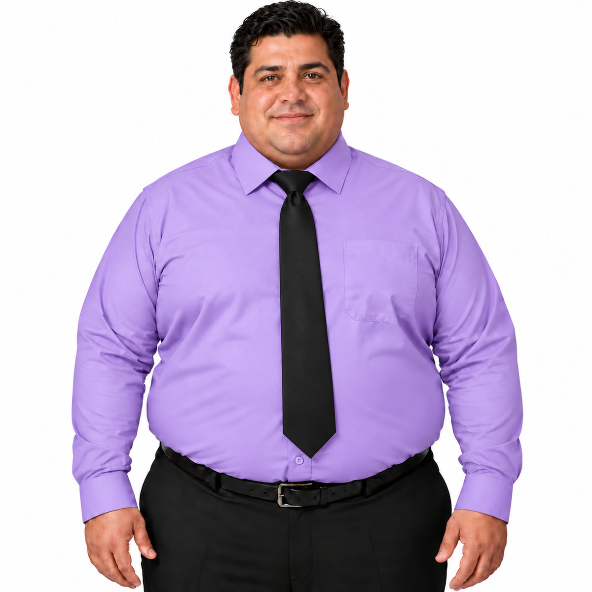 Vista frontal fajada con corbata negra de camisa de vestir lila para hombre Rodolfo, tallas extra 52 a 56 | color:lila-rodolfo