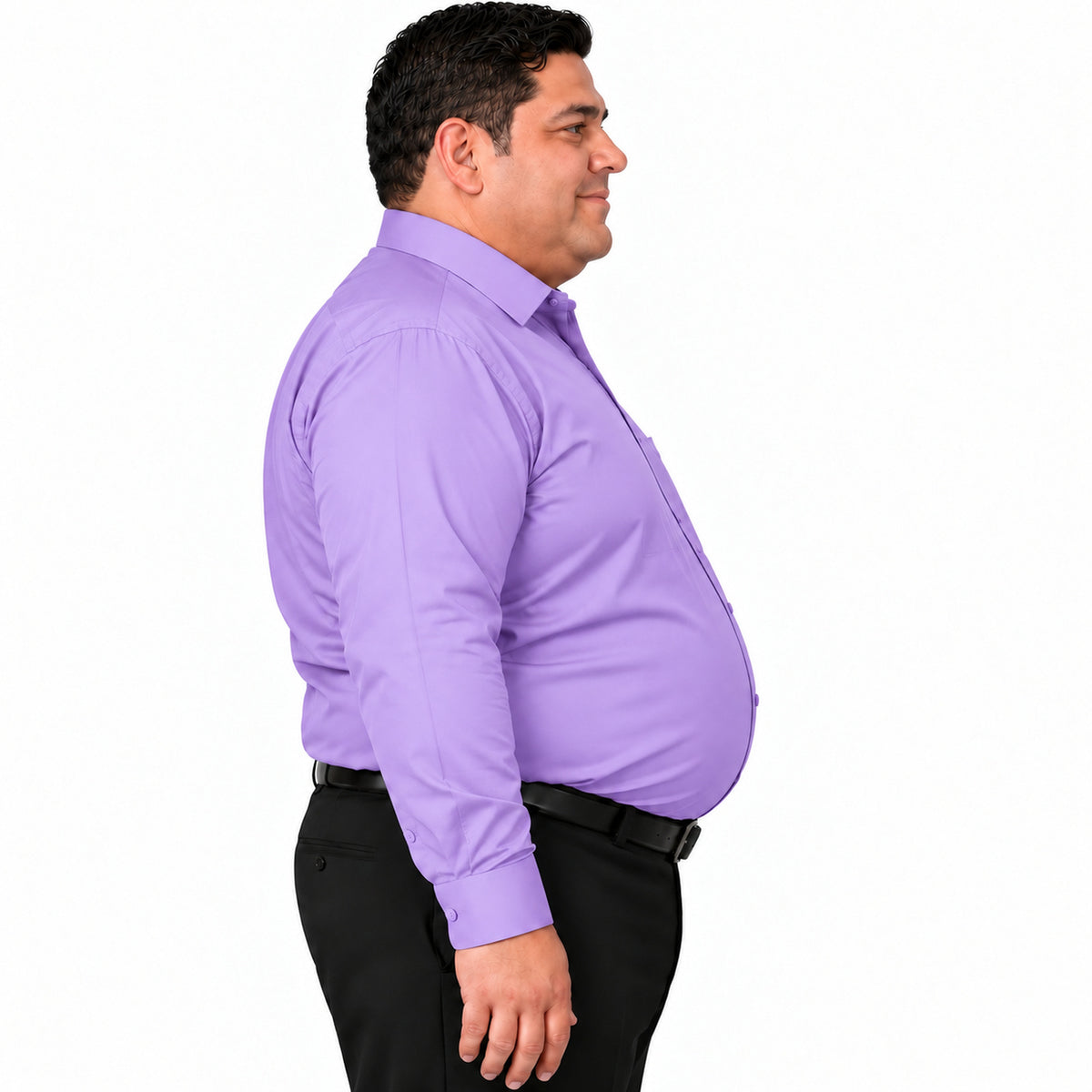 Perfil izquierdo fajado de camisa de vestir lila para hombre Rodolfo, tallas extra 52 a 56 | color:lila-rodolfo