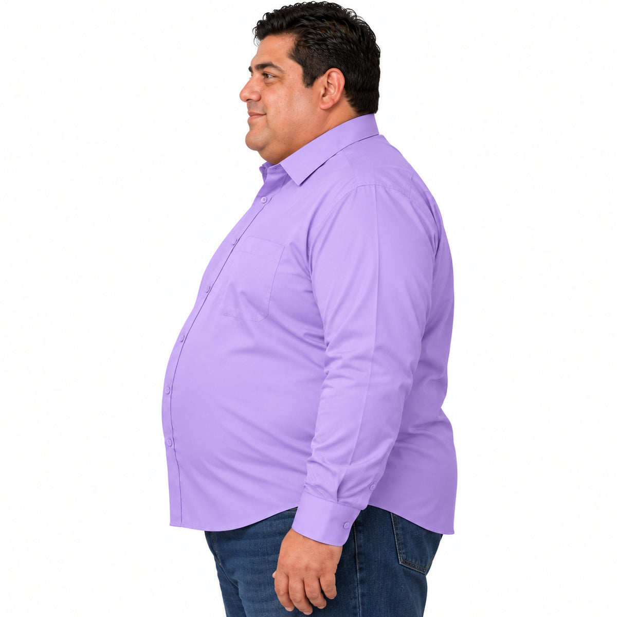 Perfil derecho desfajado con jeans de camisa de vestir lila para hombre Rodolfo, tallas extra 52 a 56 | color:lila-rodolfo