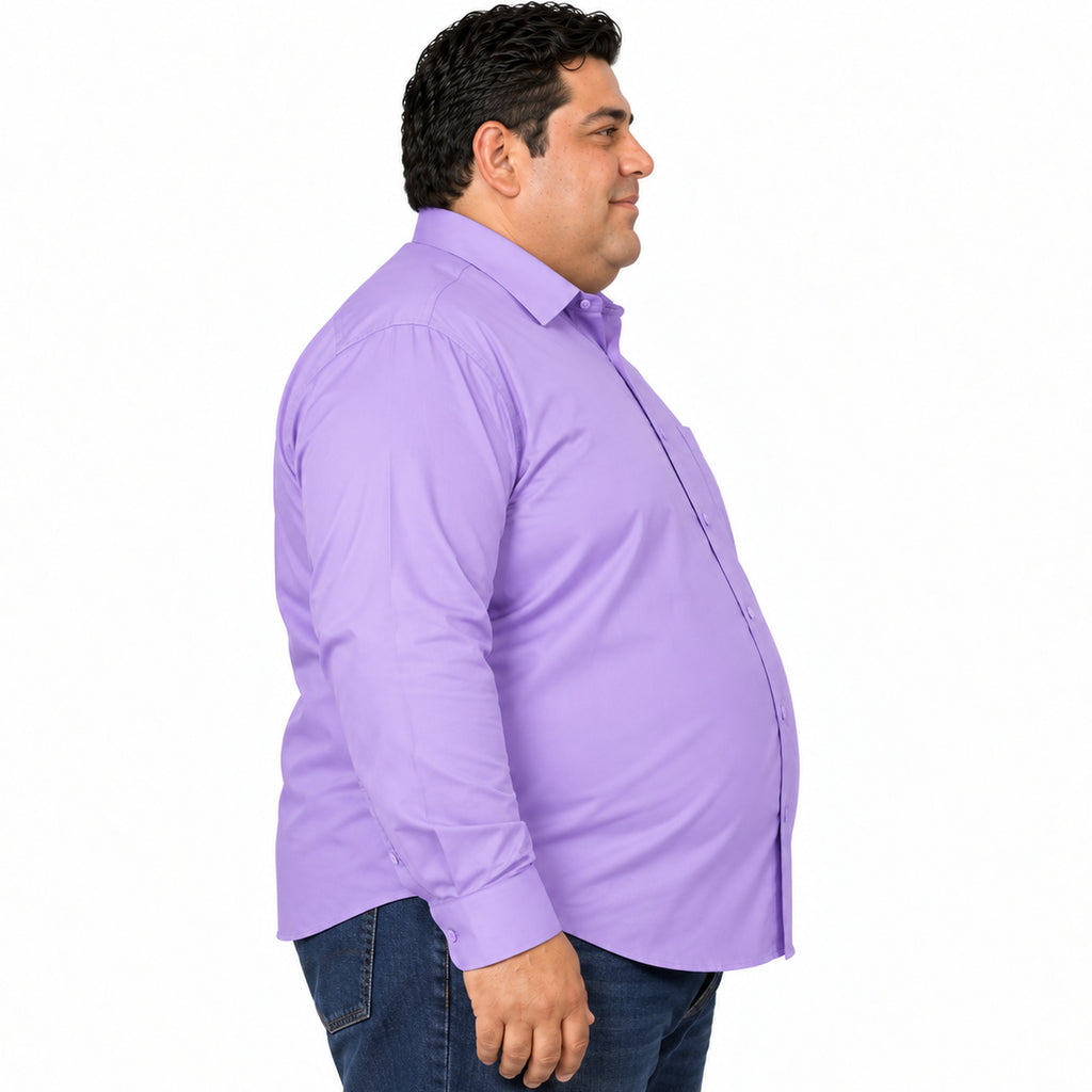 Perfil izquierdo desfajado con jeans de camisa de vestir lila para hombre Rodolfo, tallas extra 52 a 56