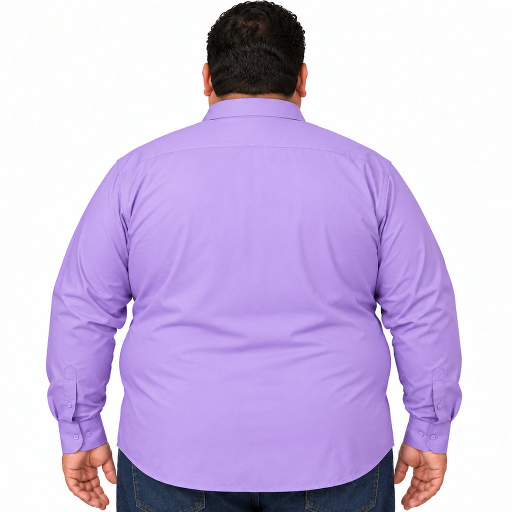 Vista trasera desfajada con jeans de camisa de vestir lila para hombre Rodolfo, tallas extra 52 a 56
