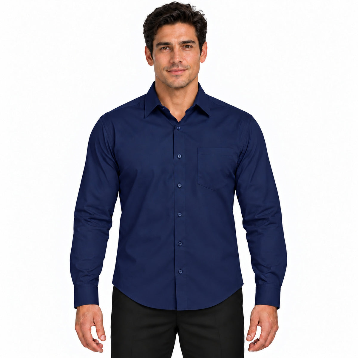 Camisa de vestir para hombre Rodolfo Valentini azul marino, frontal desfajada | color:azul-marino-rodolfo