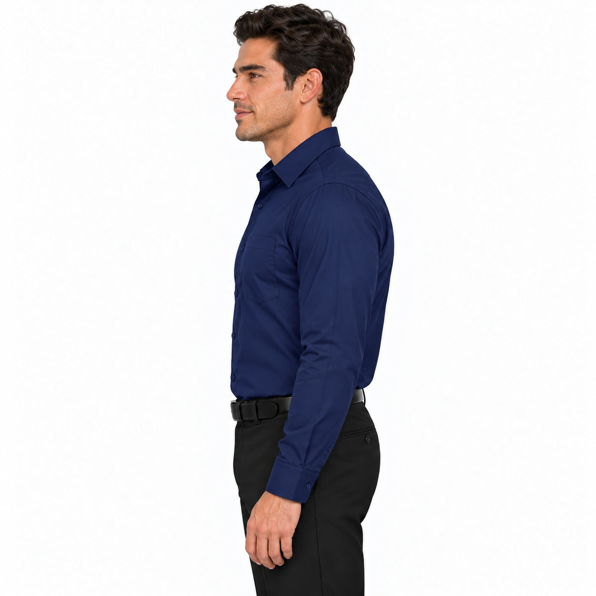 Camisa de vestir para hombre Rodolfo Valentini azul marino, perfil derecho fajada | color:azul-marino-rodolfo
