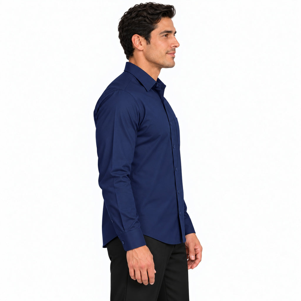 Camisa de vestir para hombre Rodolfo Valentini azul marino, perfil izquierdo desfajada