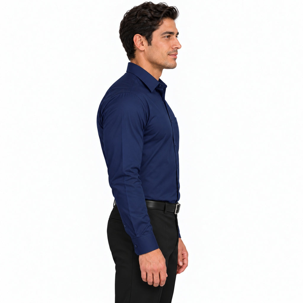 Camisa de vestir para hombre Rodolfo Valentini azul marino, perfil izquierdo fajada