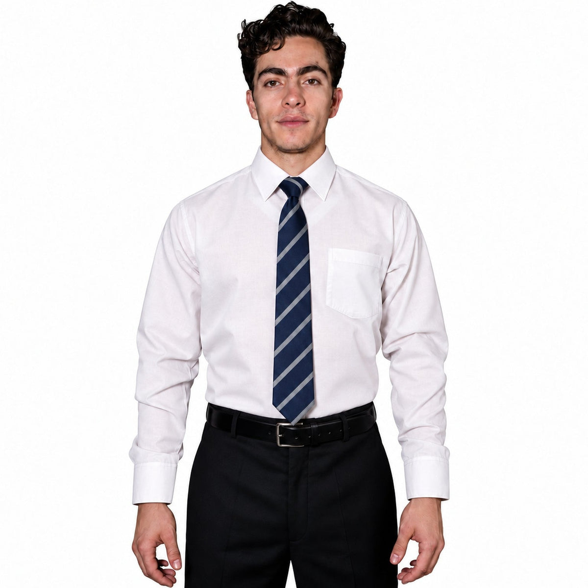 Camisa de vestir Rodolfo Valentini para hombre blanca, frontal fajada con corbata de rayas diagonales | color:blanca-rodolfo