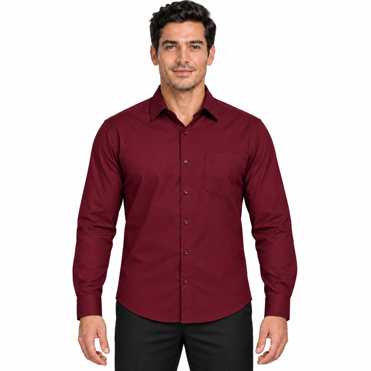 Camisa de vestir vino Rodolfo Valentini para hombre, frontal desfajada, con bolsillo de pecho, tallas 34 a 42 | color:vino-rodolfo