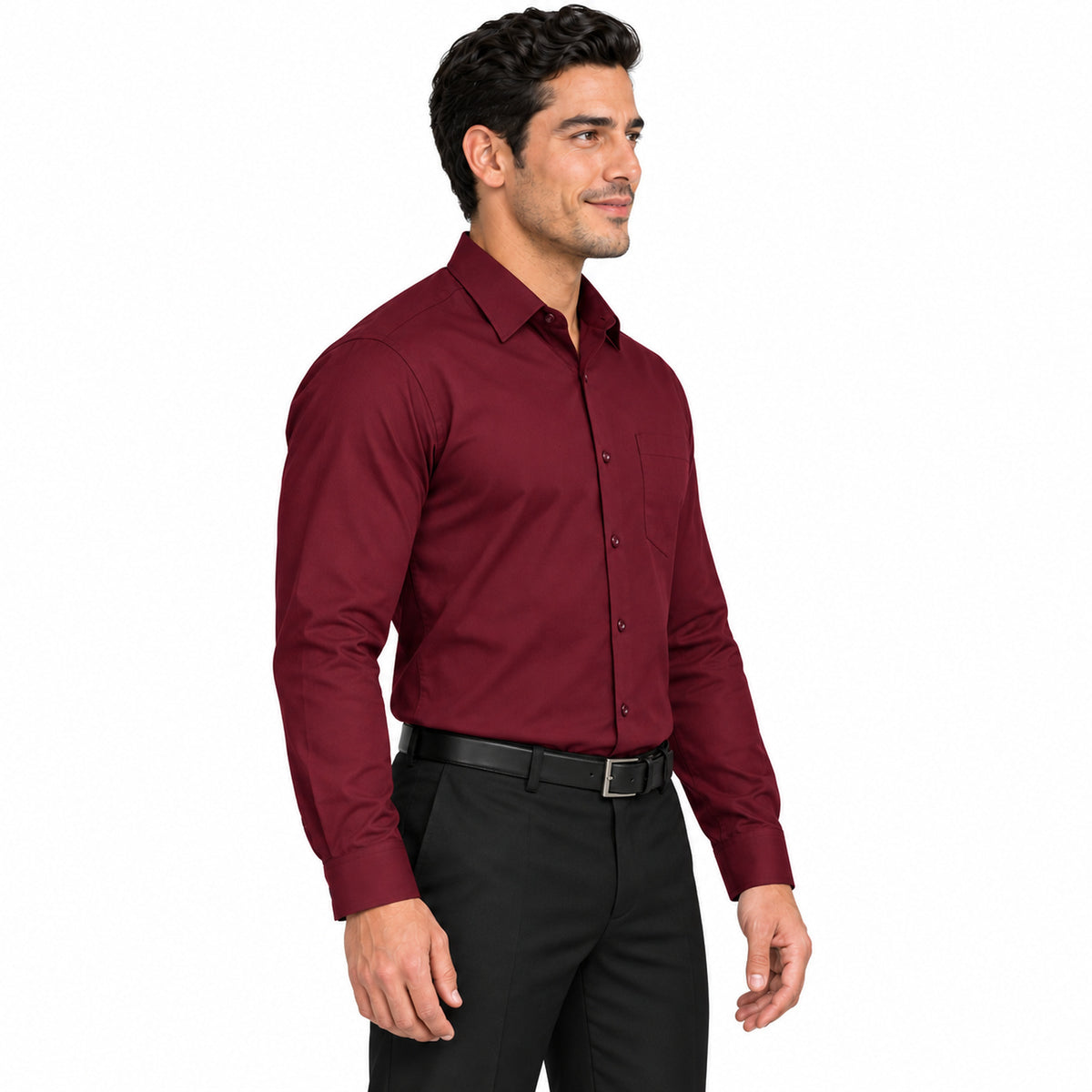 Camisa de vestir vino Rodolfo Valentini para hombre, perfil derecho fajada, con bolsillo de pecho, tallas 34 a 42 | color:vino-rodolfo