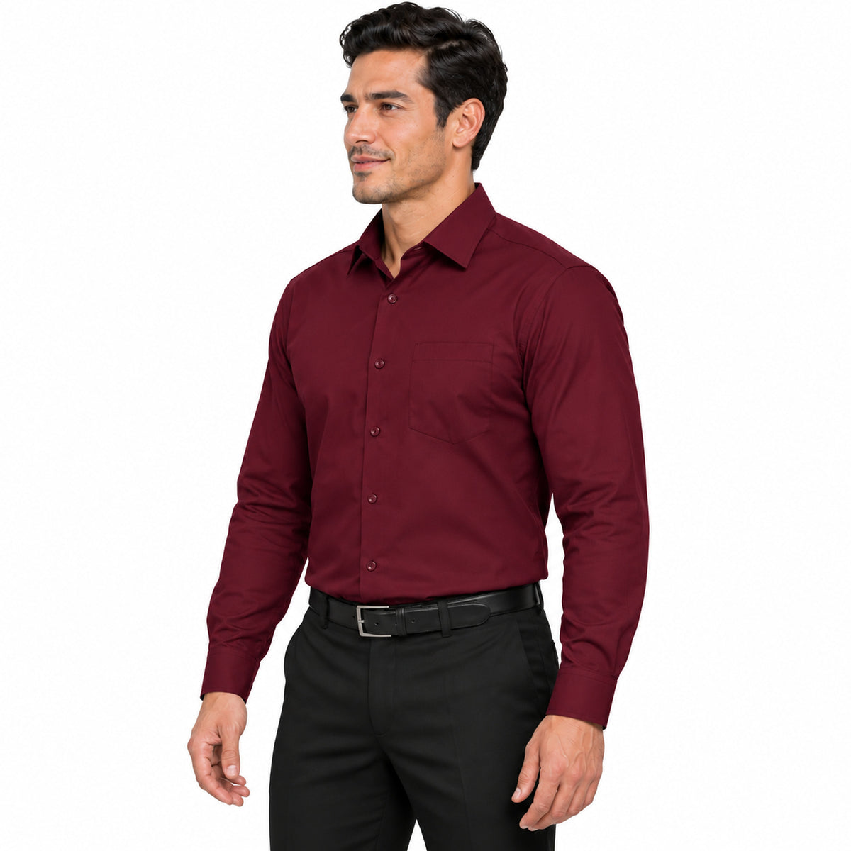 Camisa de vestir vino Rodolfo Valentini para hombre, perfil izquierdo fajada, con bolsillo de pecho, tallas 34 a 42 | color:vino-rodolfo