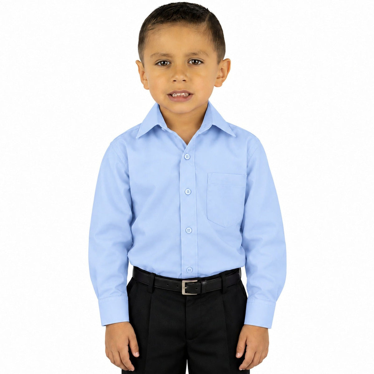 Camisa de vestir infantil azul cielo rodolfo valentini, niño modelo, frente fajada | color:azul-cielo-rodolfo