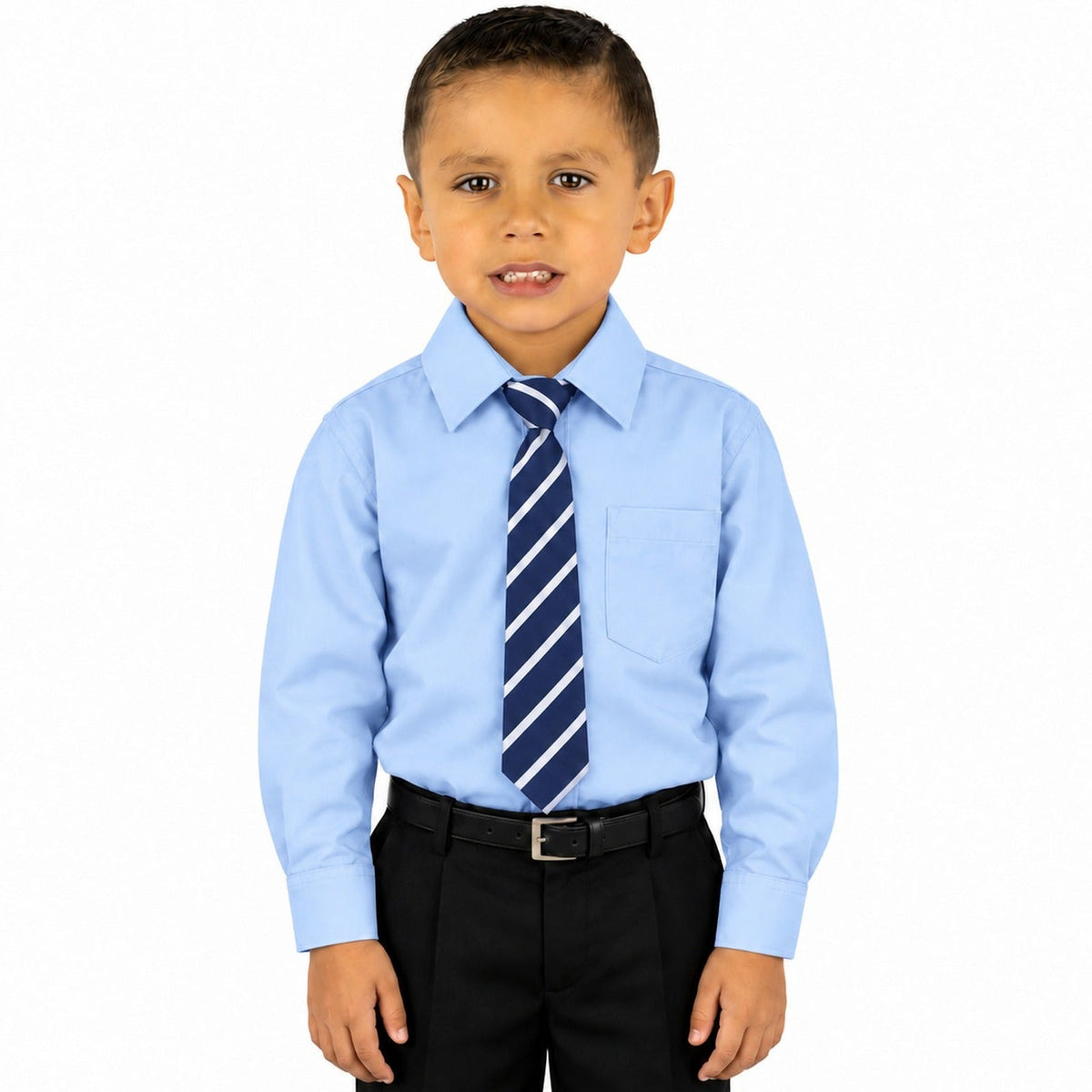 Camisa de vestir infantil azul cielo rodolfo valentini, niño modelo, frente fajada corbata diagonal | color:azul-cielo-rodolfo