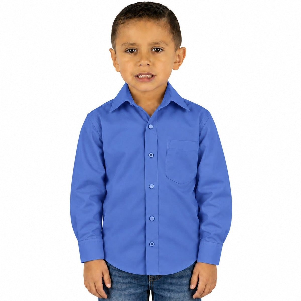 Camisa de vestir infantil azul Francia rodolfo valentini, niño modelo, frente desfajada mezclilla | color:azul-francia-rodolfo