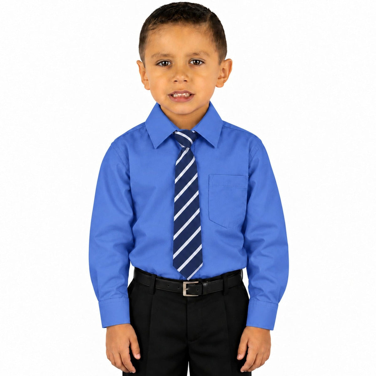 Camisa de vestir infantil azul Francia rodolfo valentini, niño modelo, frente fajada corbata diagonal | color:azul-francia-rodolfo