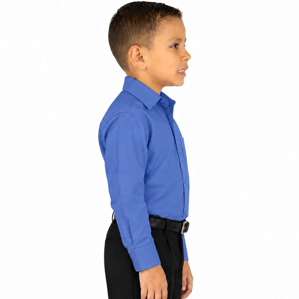 Camisa de vestir infantil azul Francia rodolfo valentini, niño modelo, perfil derecho fajada | color:azul-francia-rodolfo