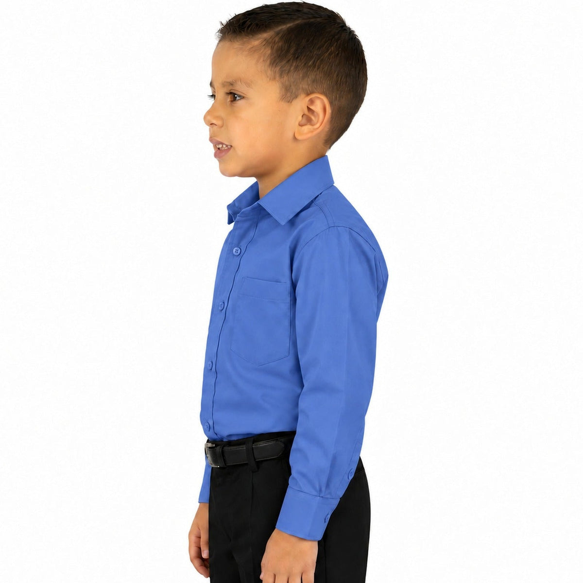 Camisa de vestir infantil azul Francia rodolfo valentini, niño modelo, perfil izquierdo fajada | color:azul-francia-rodolfo
