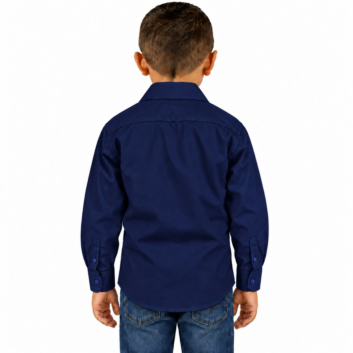 Camisa de vestir infantil azul marino rodolfo valentini, niño modelo, espalda desfajada mezclilla | color:azul-marino-rodolfo