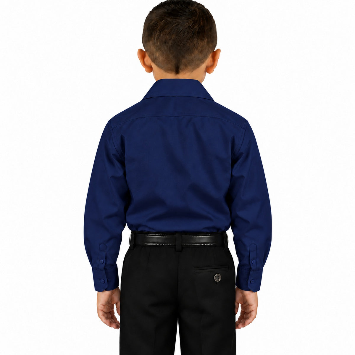 Camisa de vestir infantil azul marino rodolfo valentini, niño modelo, espalda fajada | color:azul-marino-rodolfo