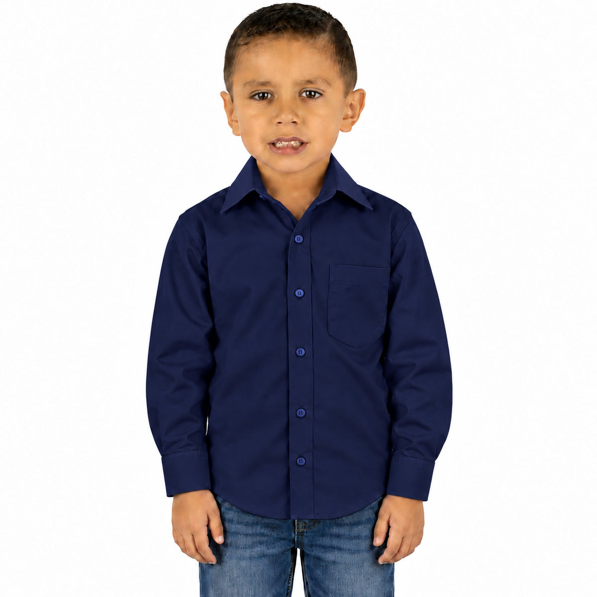 Camisa de vestir infantil azul marino rodolfo valentini, niño modelo, frente desfajada mezclilla | color:azul-marino-rodolfo