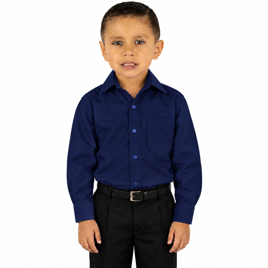 Camisa de vestir infantil azul marino rodolfo valentini, niño modelo, frente fajada