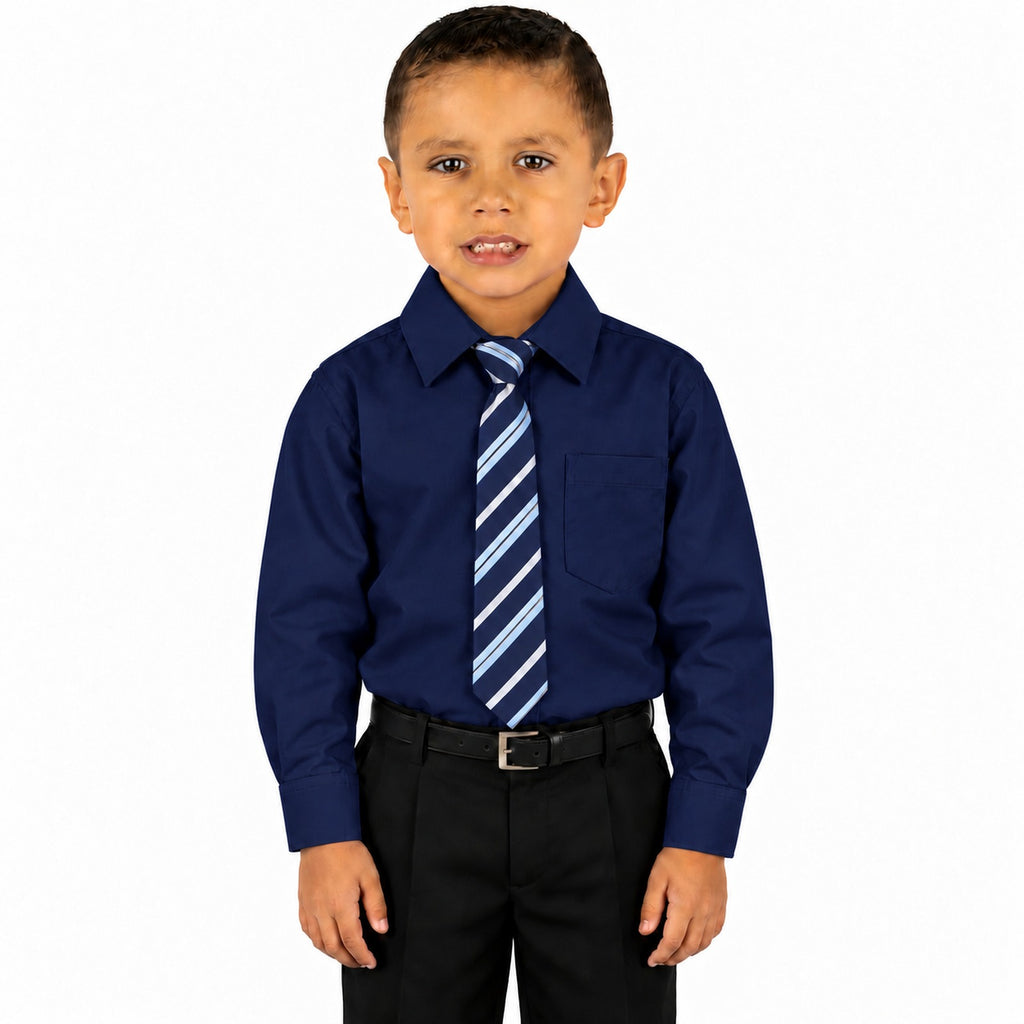 Camisa de vestir infantil azul marino rodolfo valentini, niño modelo, frente fajada corbata diagonal