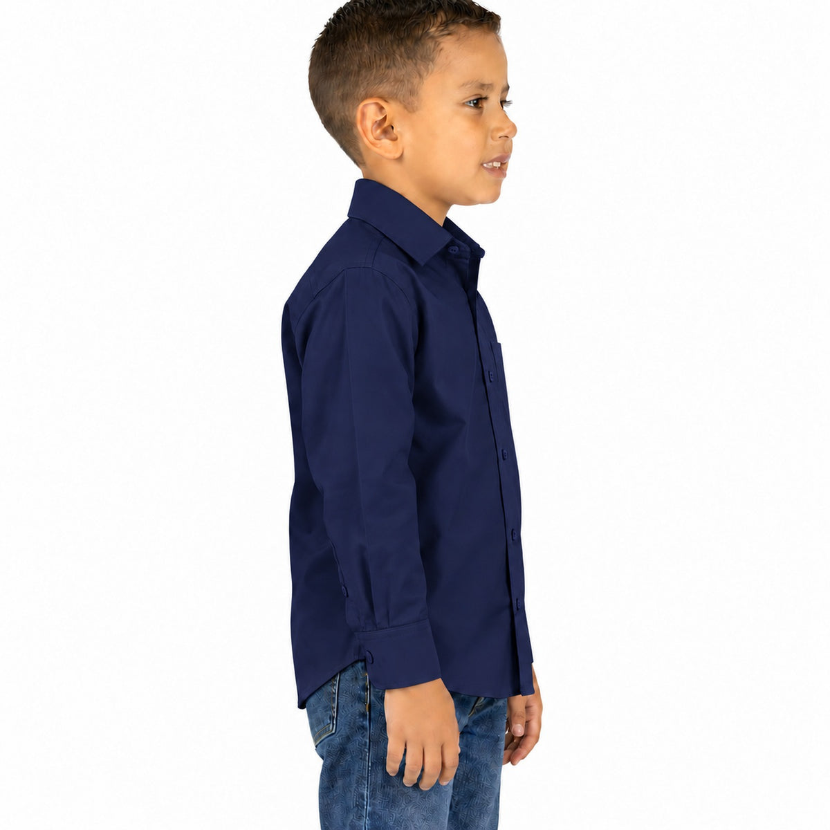 Camisa de vestir infantil azul marino rodolfo valentini, niño modelo, perfil derecho desfajada mezclilla | color:azul-marino-rodolfo