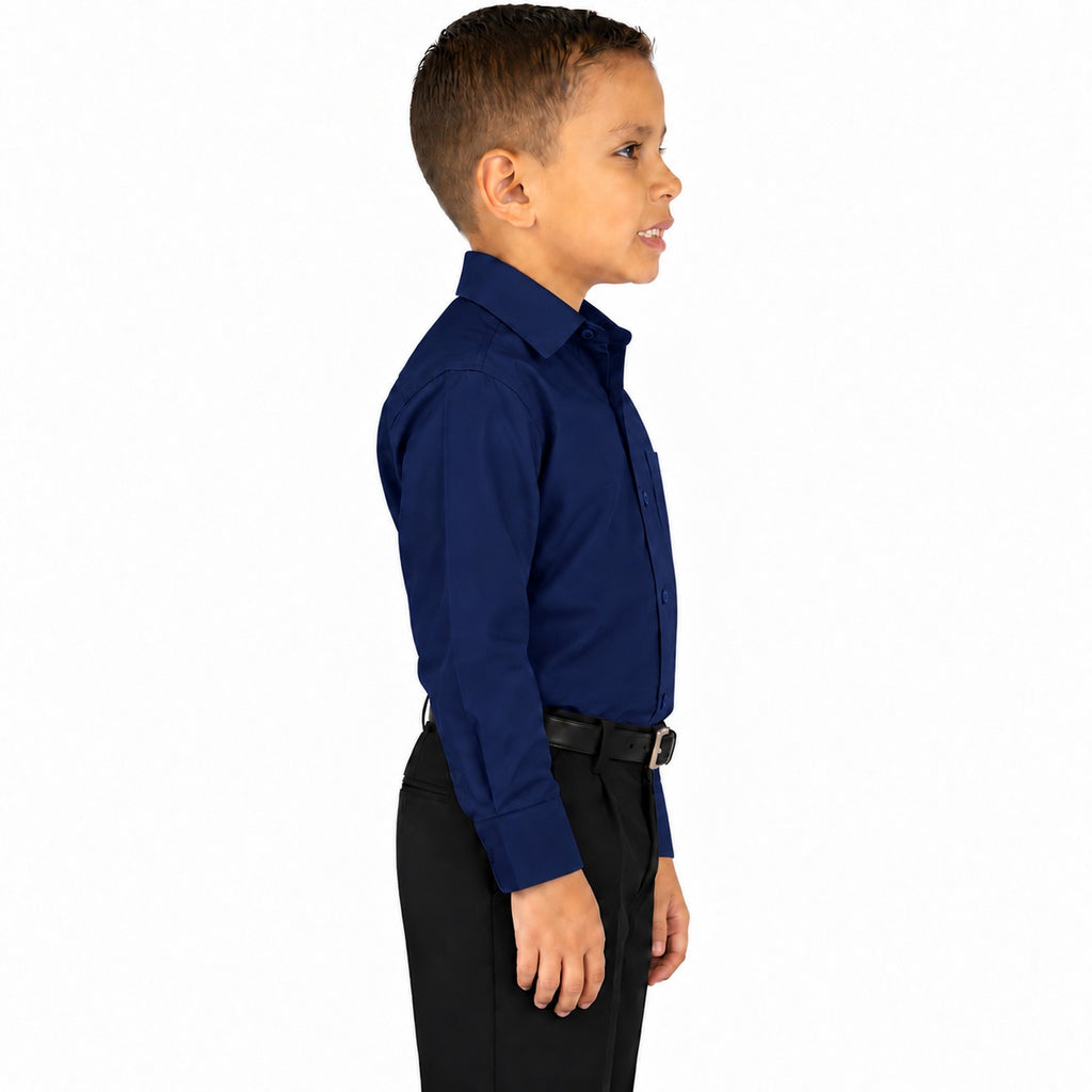 Camisa de vestir infantil azul marino rodolfo valentini, niño modelo, perfil derecho fajada