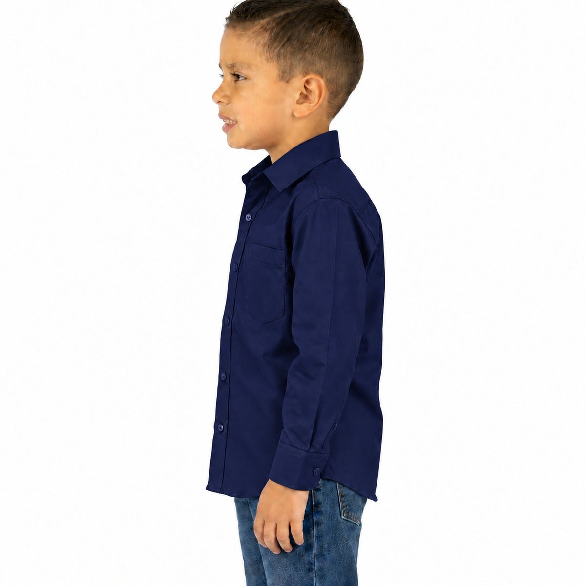 Camisa de vestir infantil azul marino rodolfo valentini, niño modelo, perfil izquierdo desfajada mezclilla | color:azul-marino-rodolfo