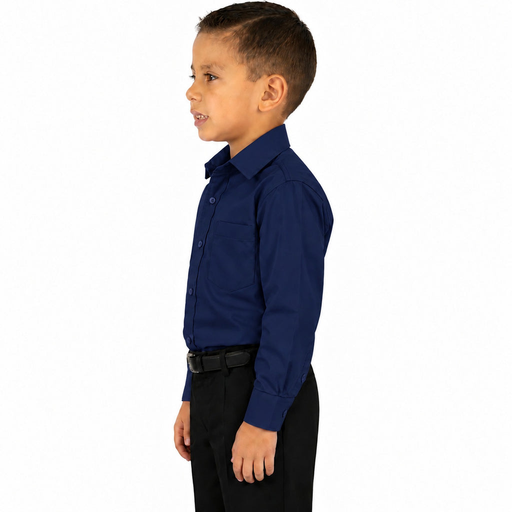 Camisa de vestir infantil azul marino rodolfo valentini, niño modelo, perfil izquierdo fajada