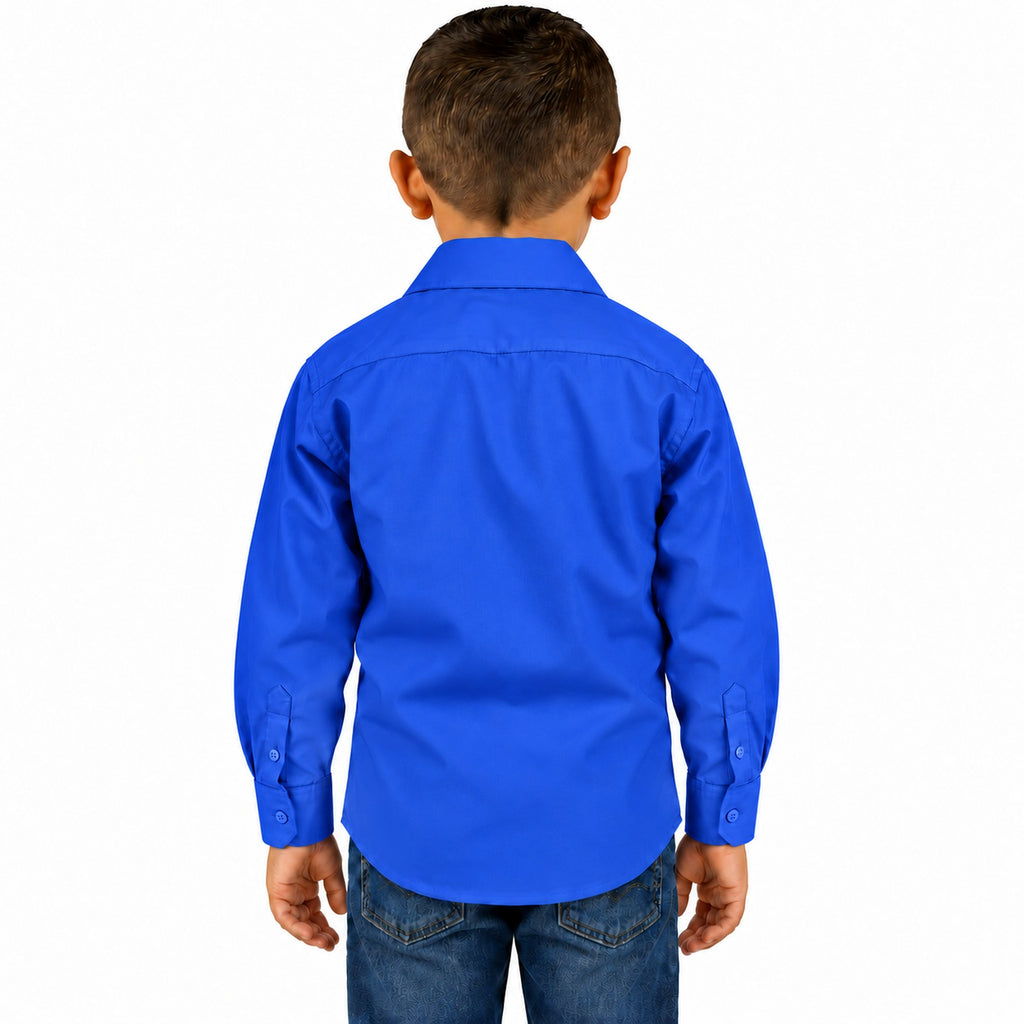 Camisa de vestir infantil azul rey rodolfo valentini, niño modelo, espalda desfajada mezclilla