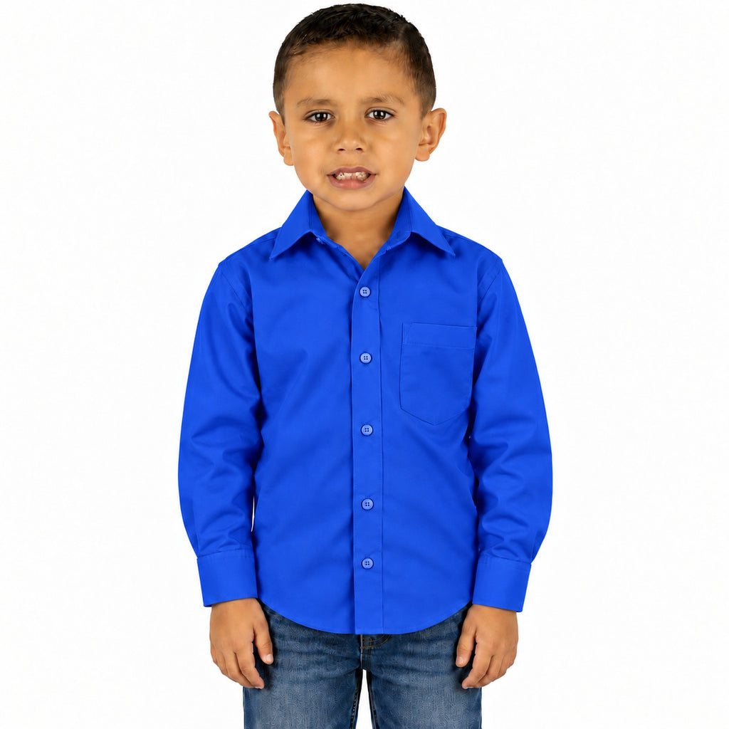 Camisa de vestir infantil azul rey rodolfo valentini, niño modelo, frente desfajada mezclilla