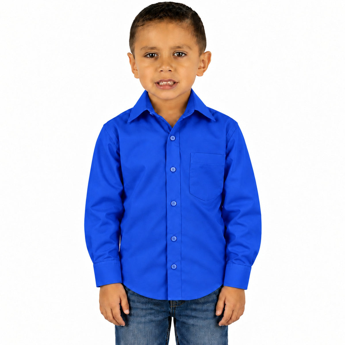 Camisa de vestir infantil azul rey rodolfo valentini, niño modelo, frente desfajada mezclilla | color:azul-rey-rodolfo