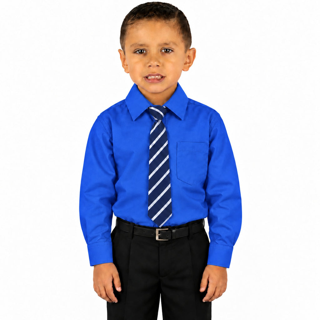 Camisa de vestir infantil azul rey rodolfo valentini, niño modelo, frente fajada corbata diagonal